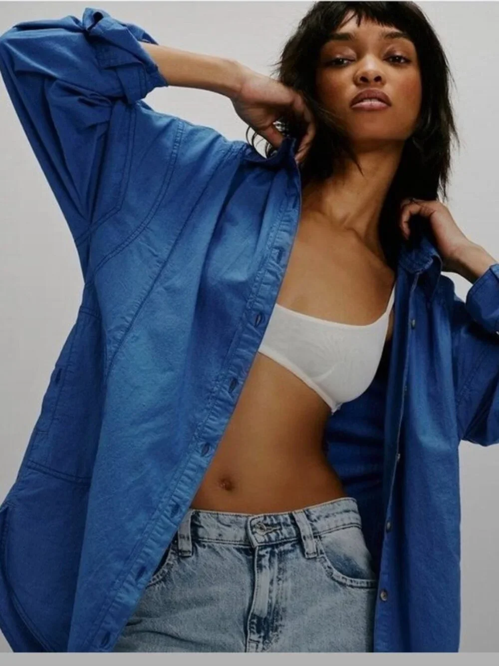 Free People We The Free Garden State Button Down Shirt XS Oversized Blue Cotton